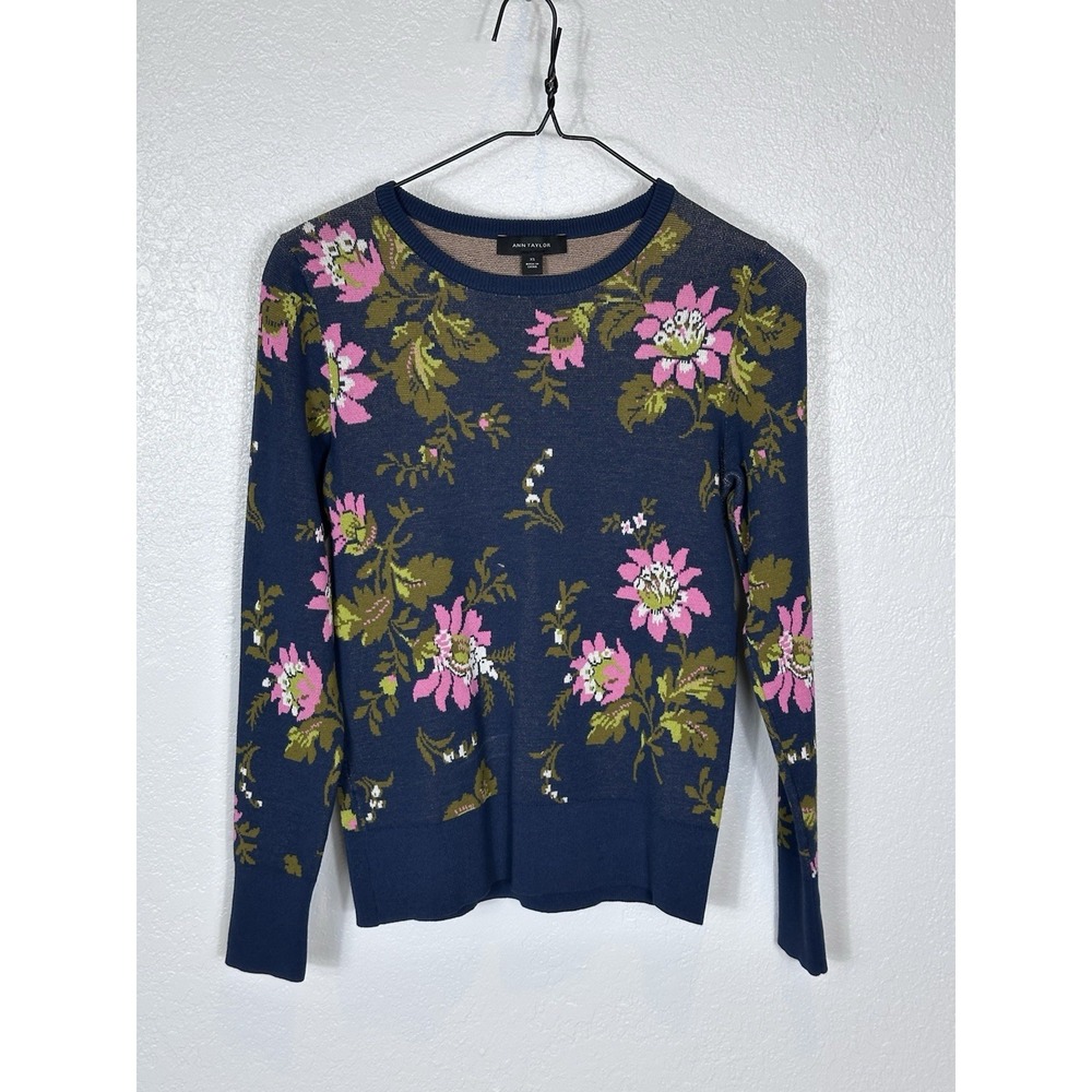 Ann Taylor Sweater Women's XS Blue Pink Green Floral Crew Neck Knit Pullover